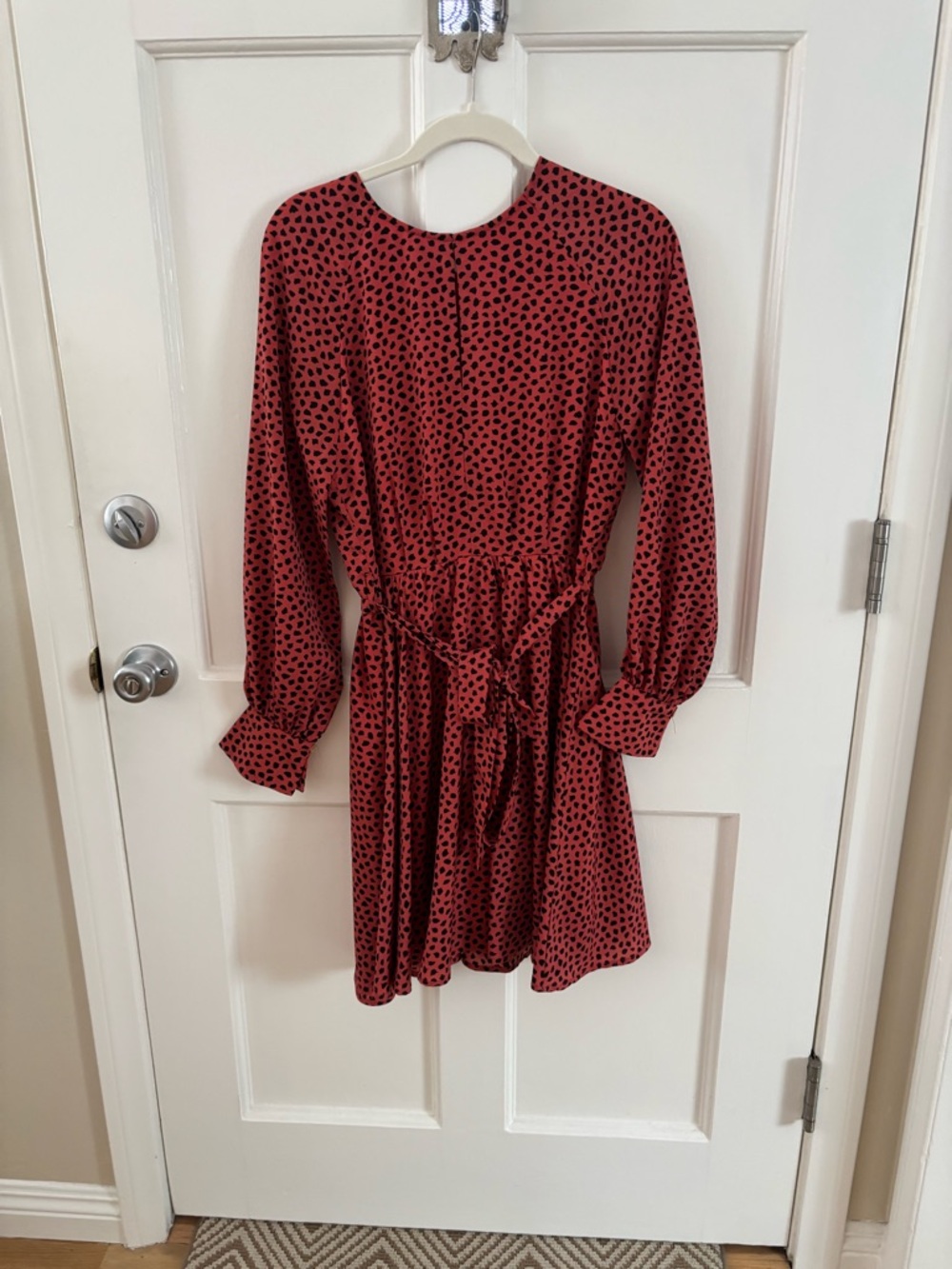 2 for $30 🌸Long-Sleeve Tie-Waist Dress with Black Dot Print